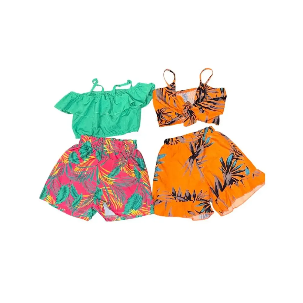 2 Tropical Summer Outfit Sets 12-24M Off Shoulder Crop Top Shorts Bundle